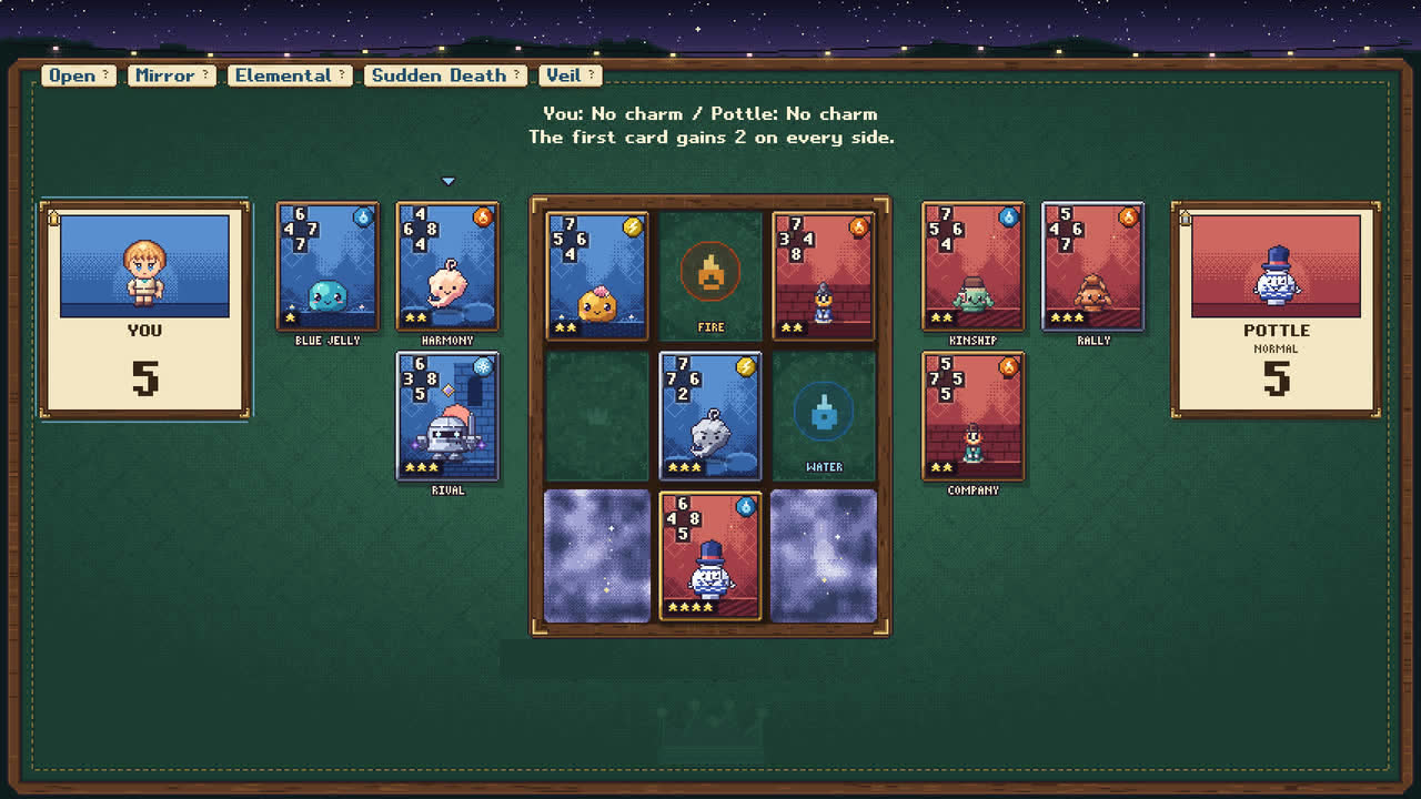 A Nine Crowns match in the game: cards on a board of nine squares, with each player’s hand beside it.